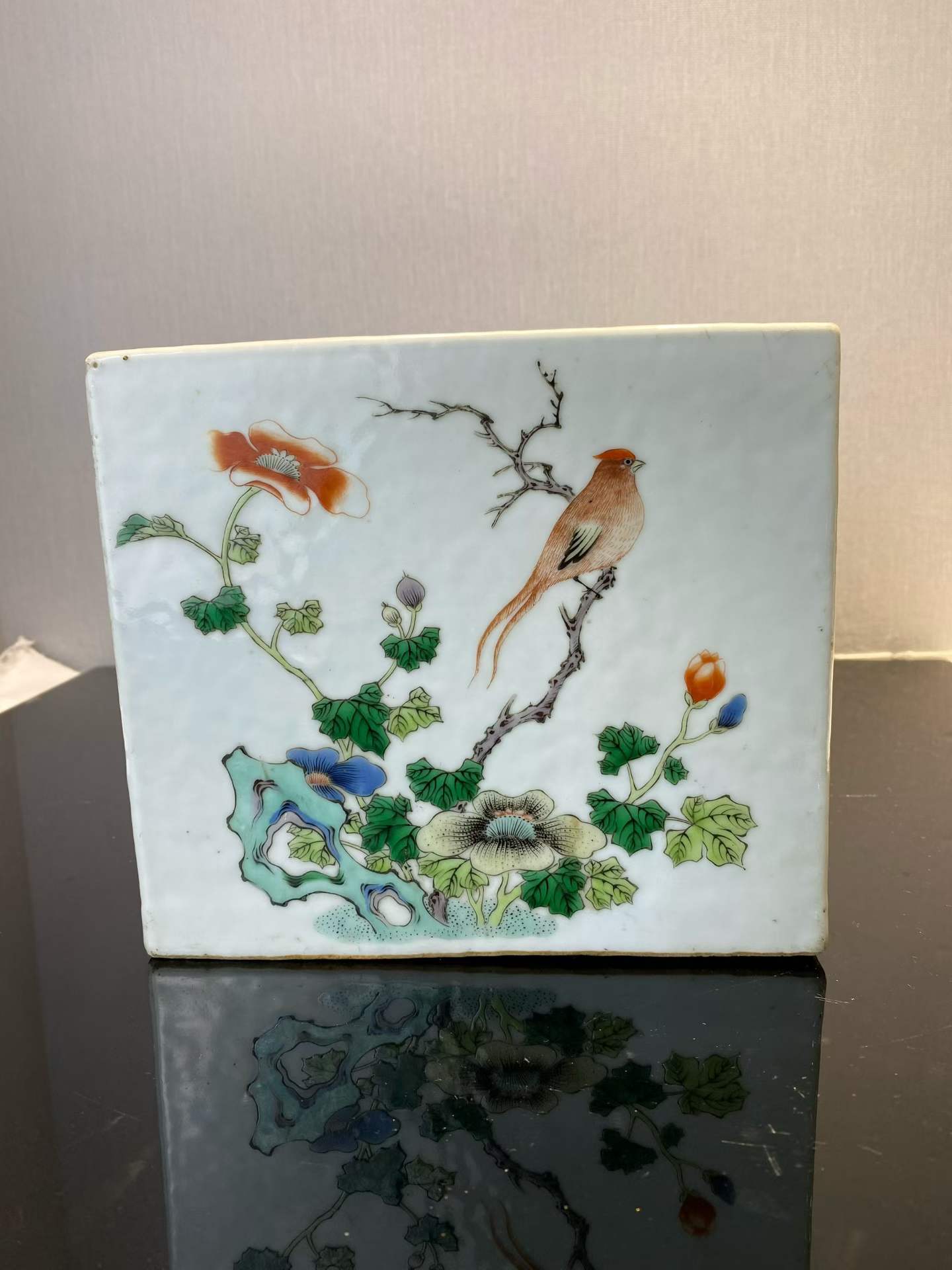 五彩四季花鸟方形大笔洗