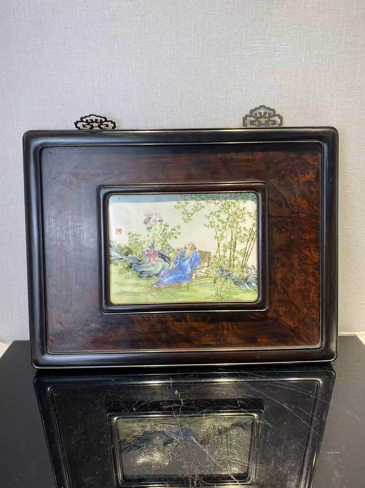 汪晓棠 粉彩竹林高士童子瓷板