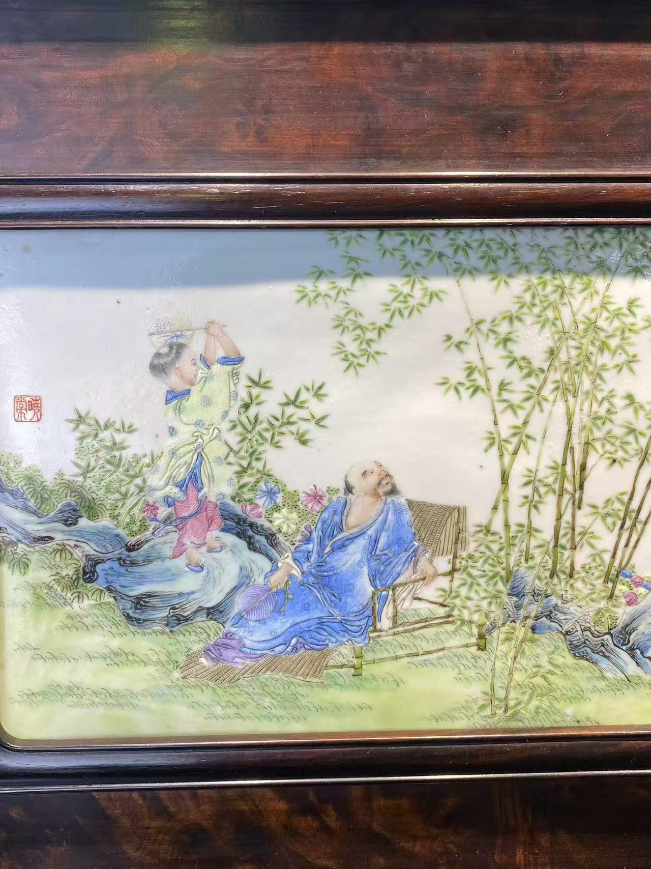 汪晓棠 粉彩竹林高士童子瓷板