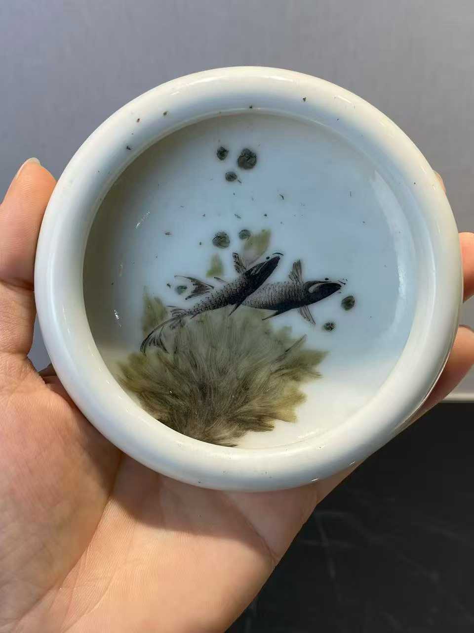 邓碧珊风格粉彩鱼藻纹笔洗 款：江西景镇名瓷