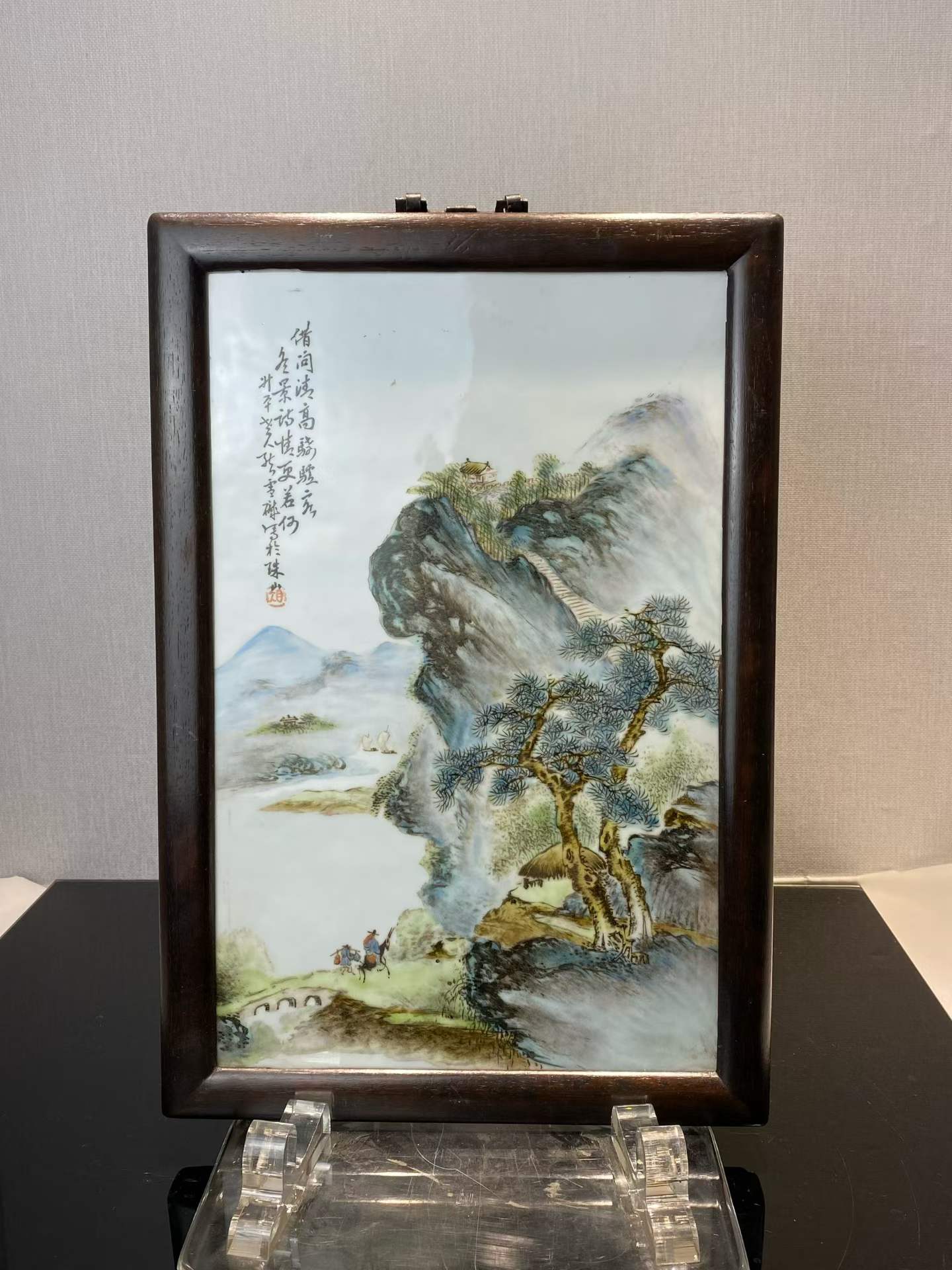 粉彩携琴访友山水图诗文瓷板画 款：叔平老人熊雪肌写于珠山
