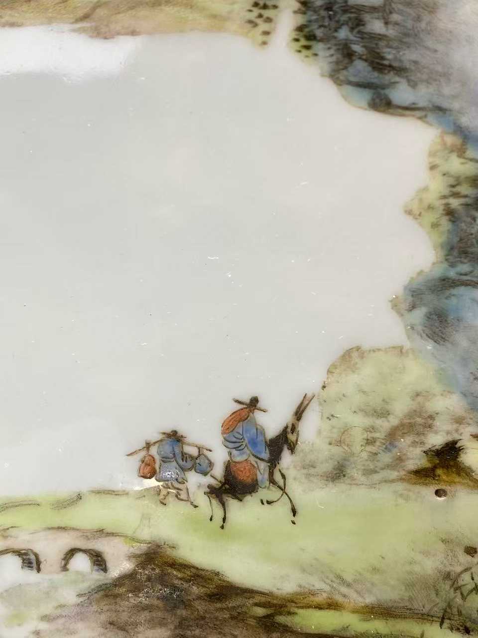 粉彩携琴访友山水图诗文瓷板画 款：叔平老人熊雪肌写于珠山