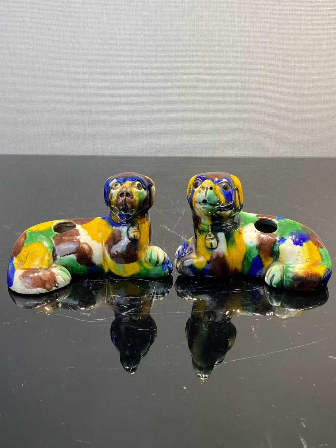 虎皮三彩西洋犬水滴一对