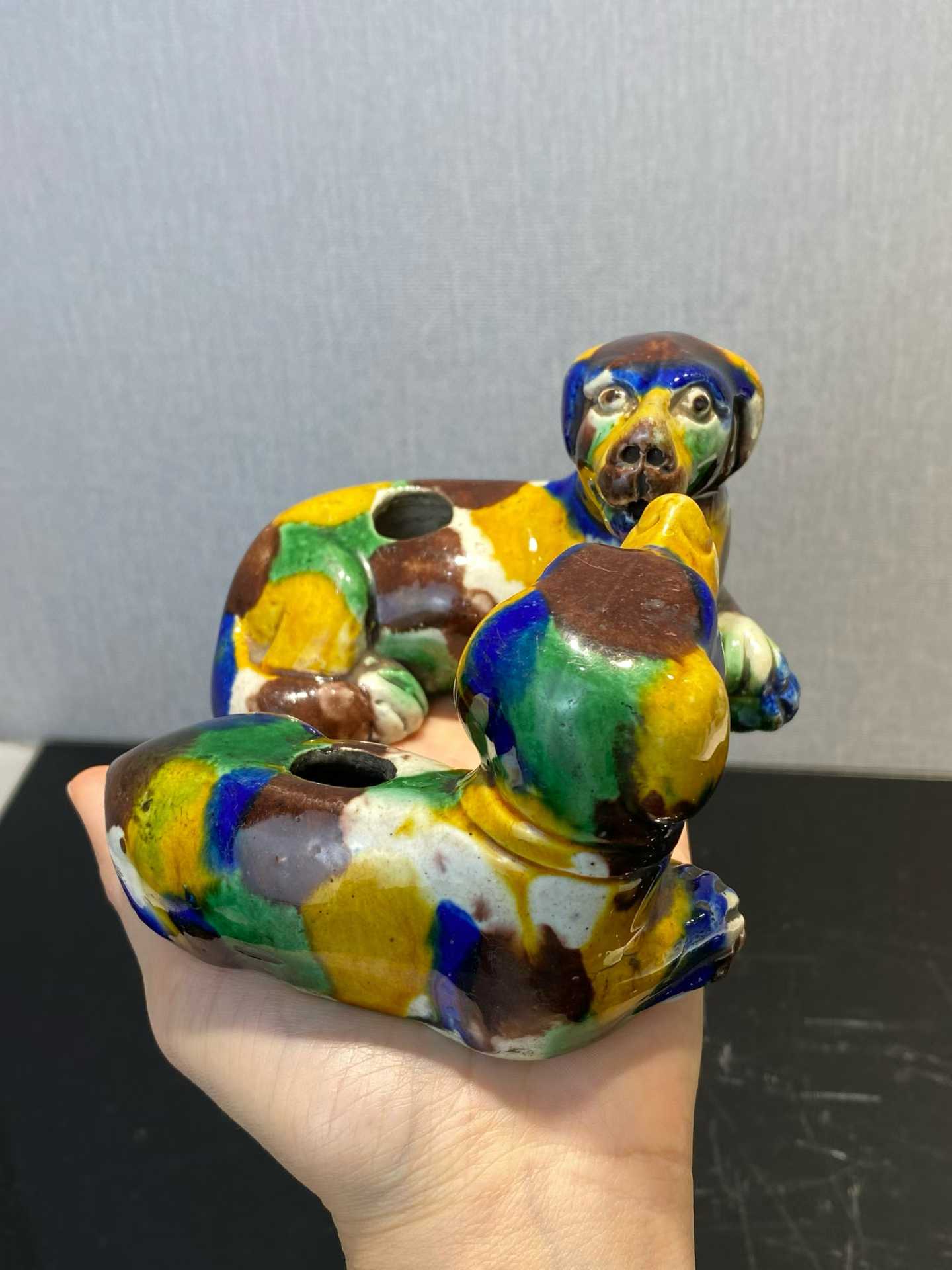 虎皮三彩西洋犬水滴一对