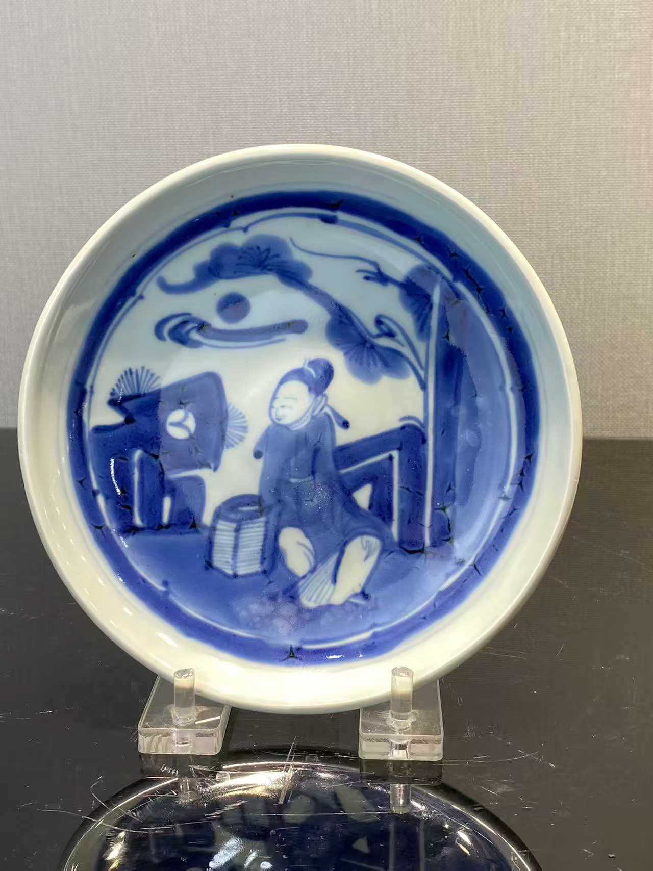 青花高士图盘 款：泉