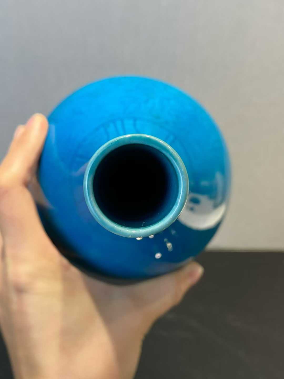 孔雀蓝釉暗刻三多纹胆瓶 款：大清康熙年制