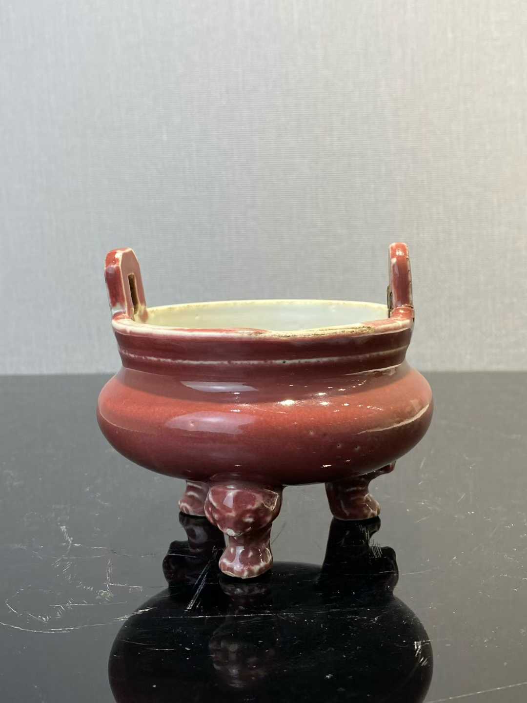 祭红釉三足冲天耳炉