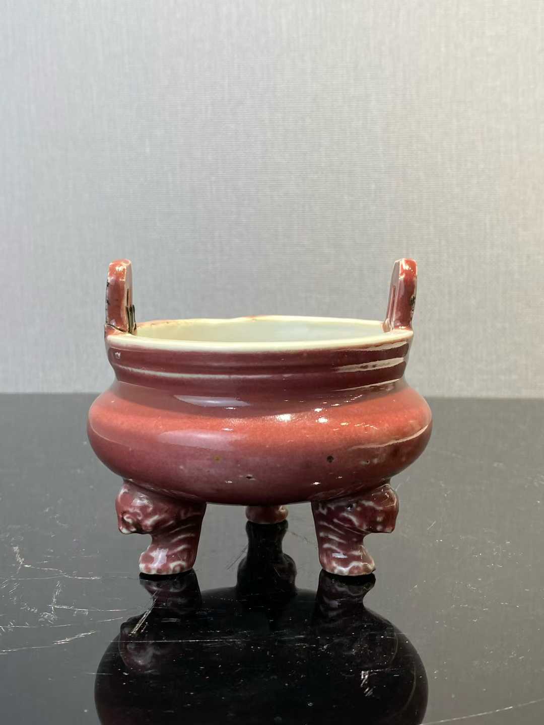 祭红釉三足冲天耳炉