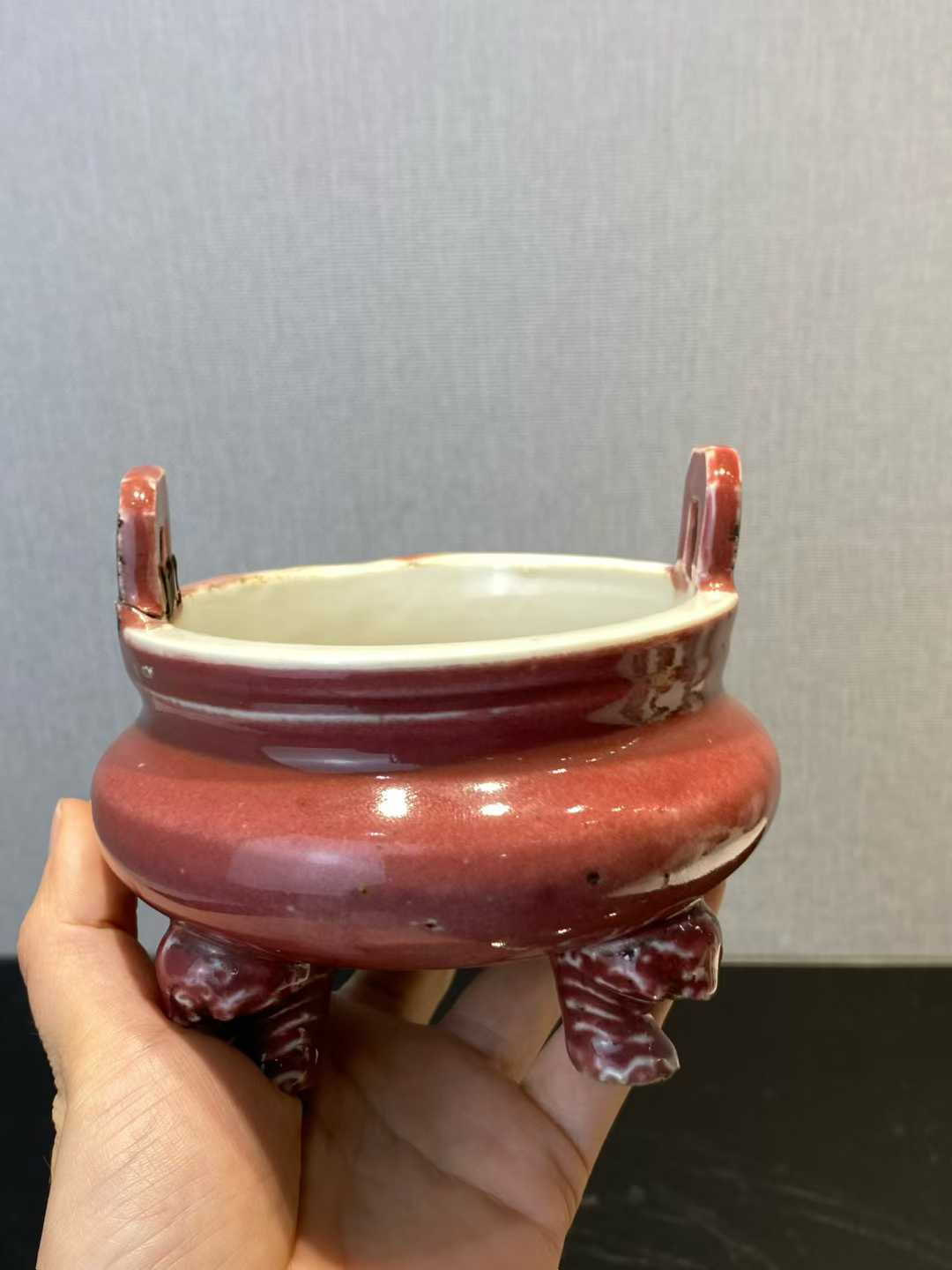 祭红釉三足冲天耳炉