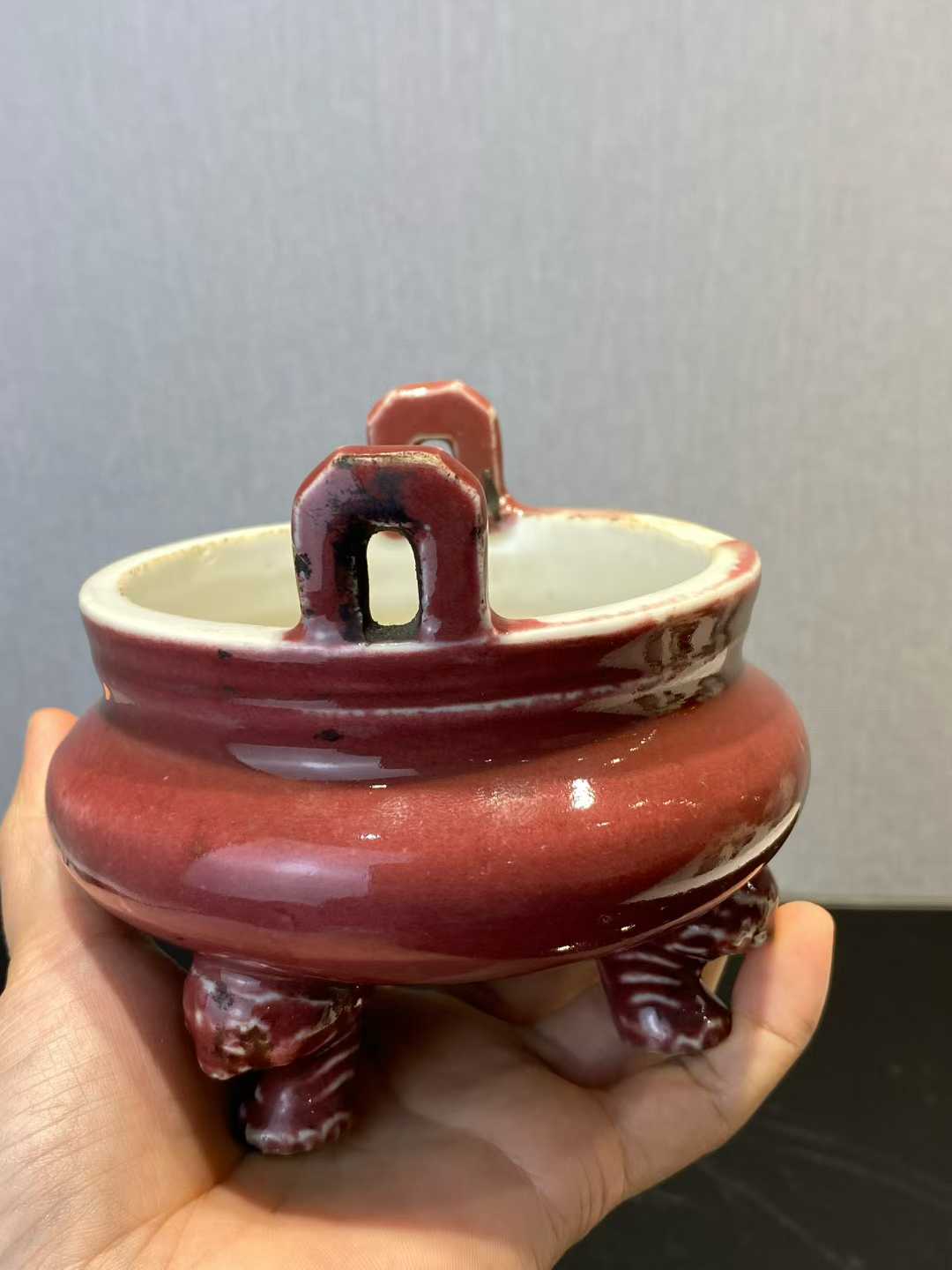 祭红釉三足冲天耳炉