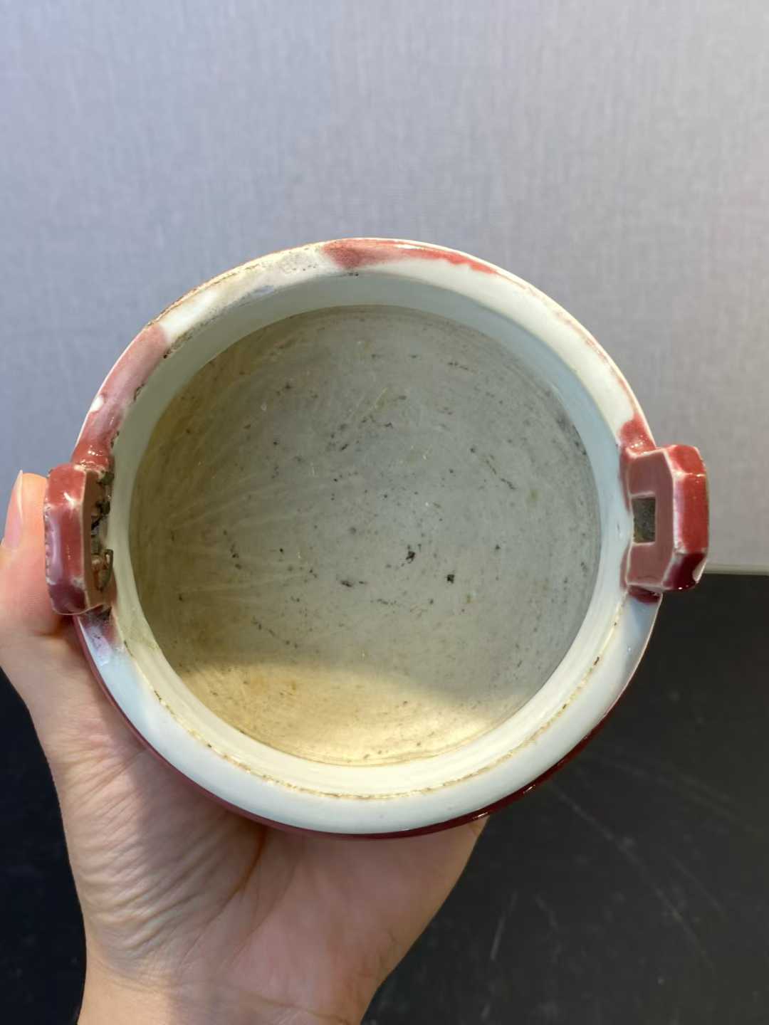 祭红釉三足冲天耳炉