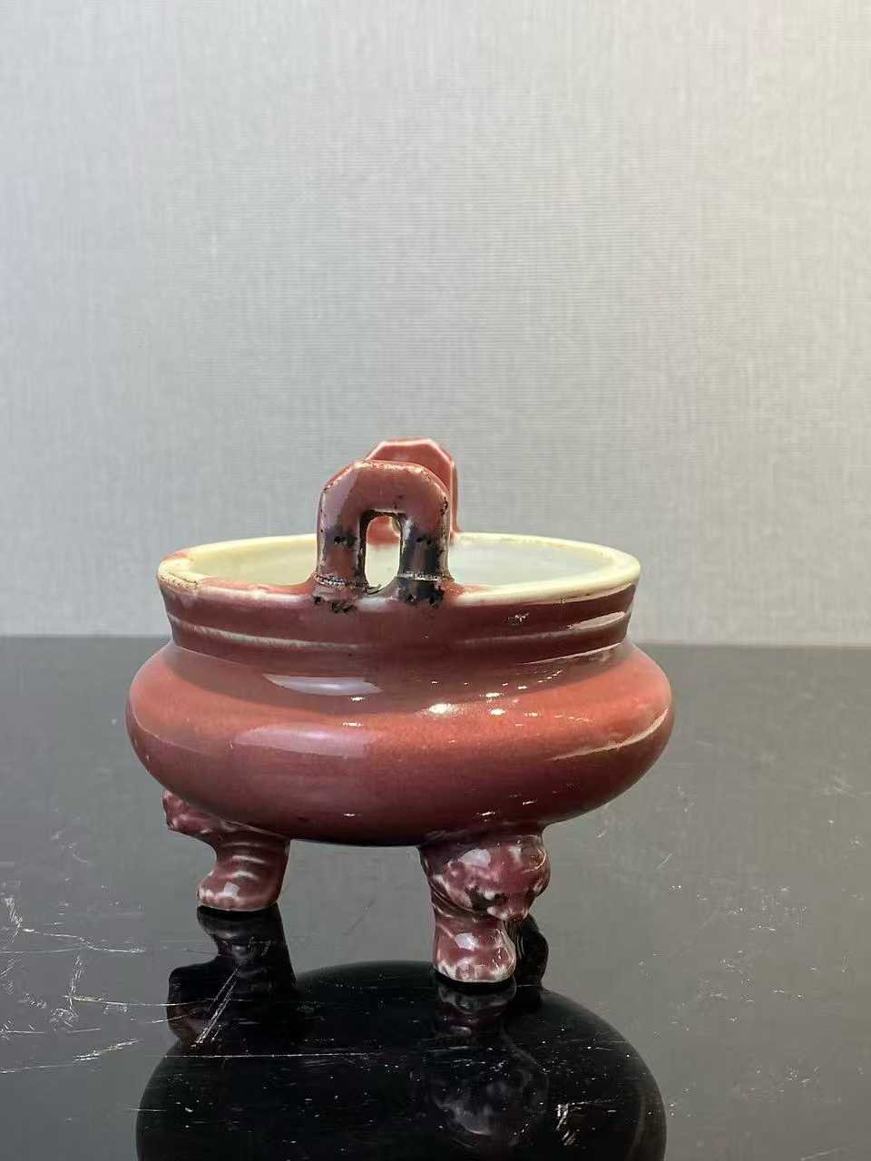 祭红釉三足冲天耳炉