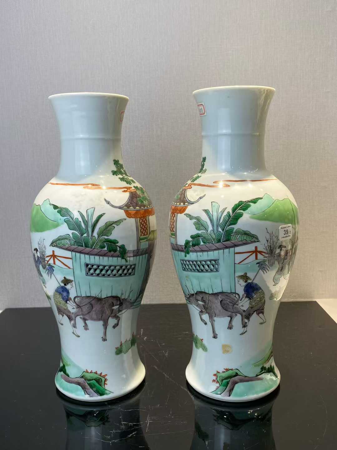 五彩渔樵耕读图观音瓶一对