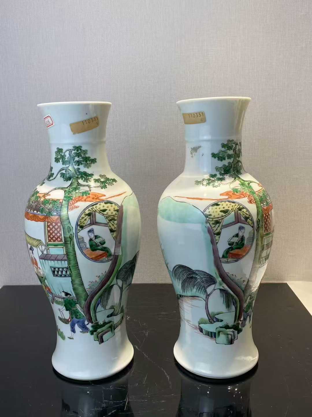 五彩渔樵耕读图观音瓶一对