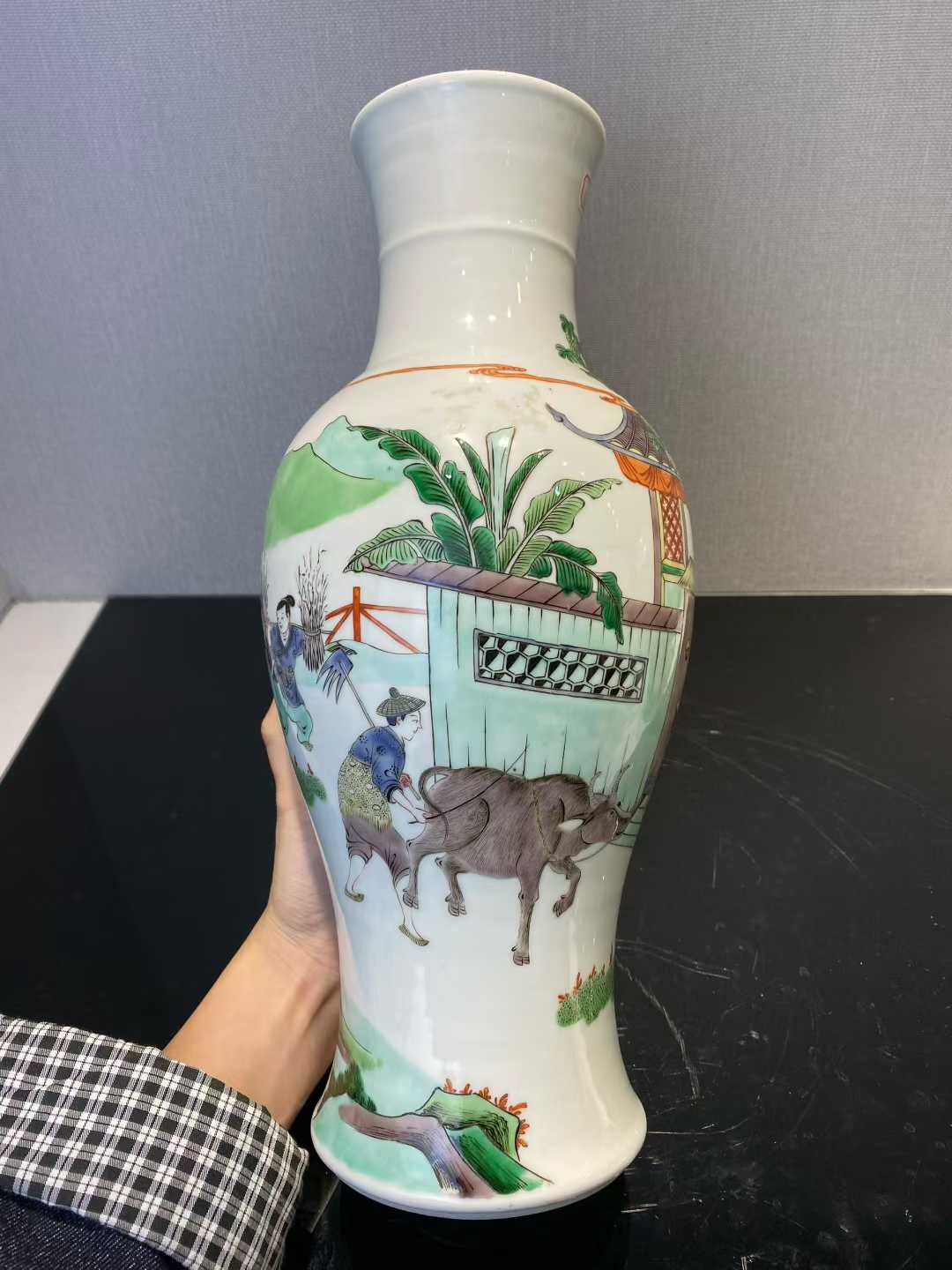 五彩渔樵耕读图观音瓶一对