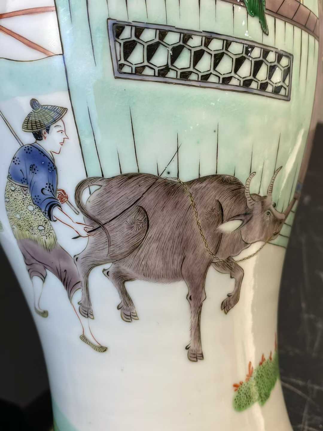 五彩渔樵耕读图观音瓶一对