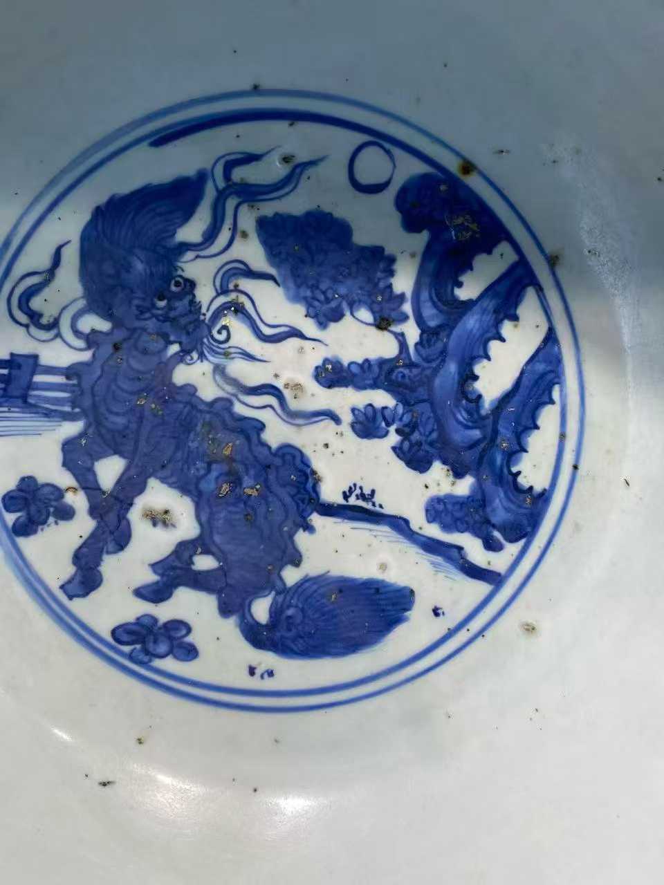 蒲王府用瓷 青花外团鹤云纹内麒麟纹大碗