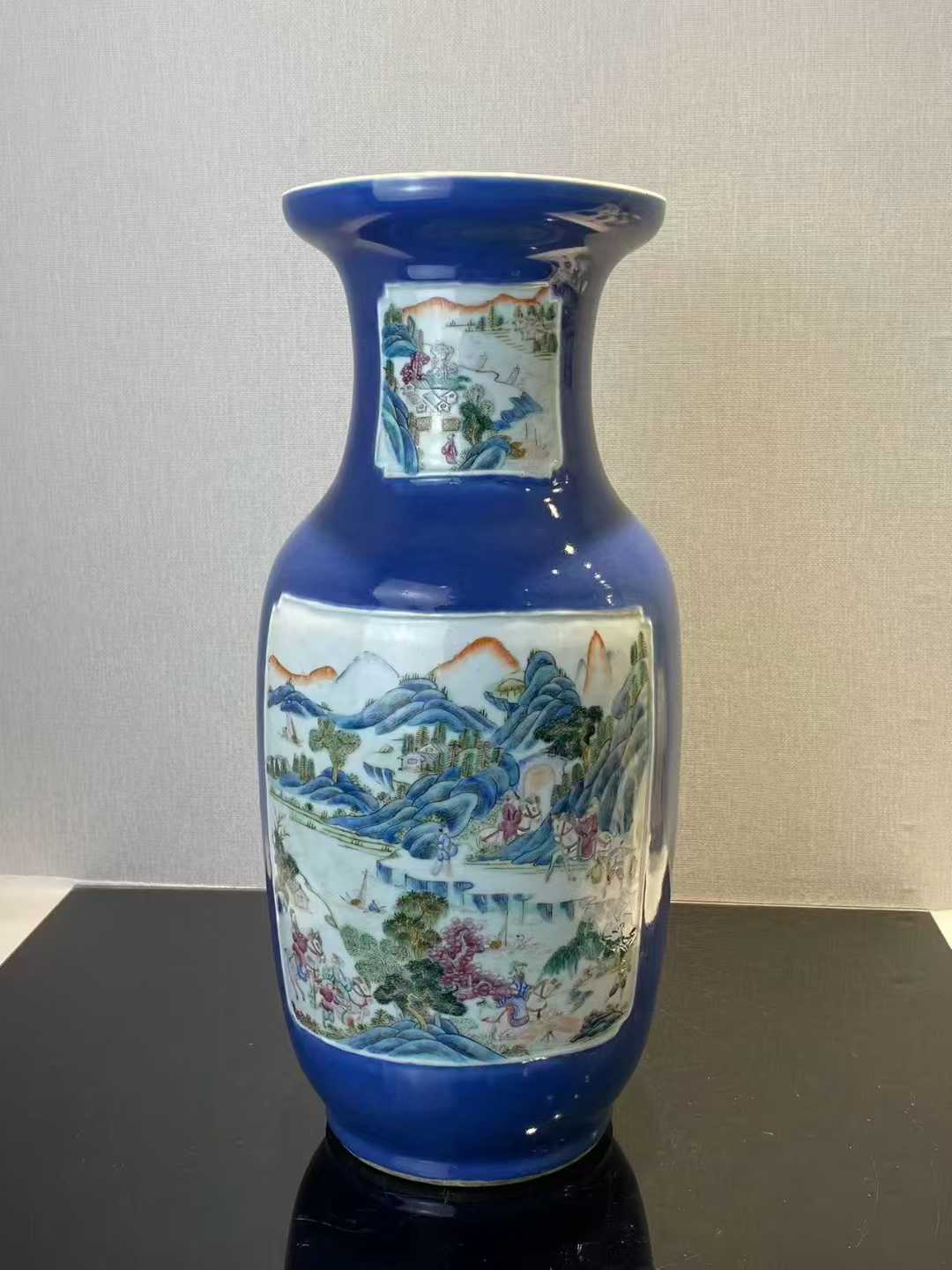 霁蓝釉山水人物盆口瓶