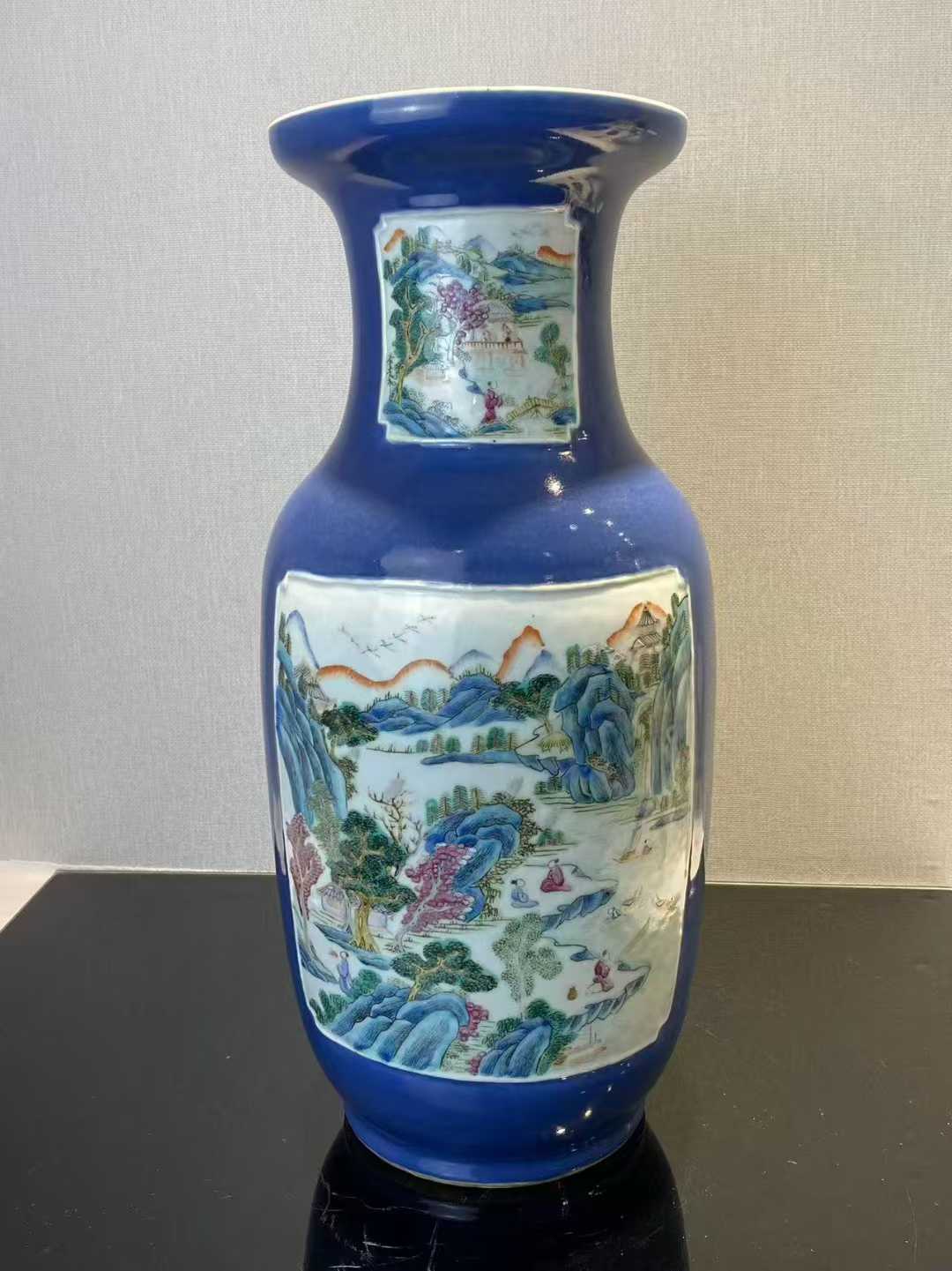 霁蓝釉山水人物盆口瓶