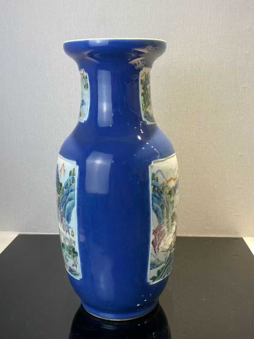 霁蓝釉山水人物盆口瓶