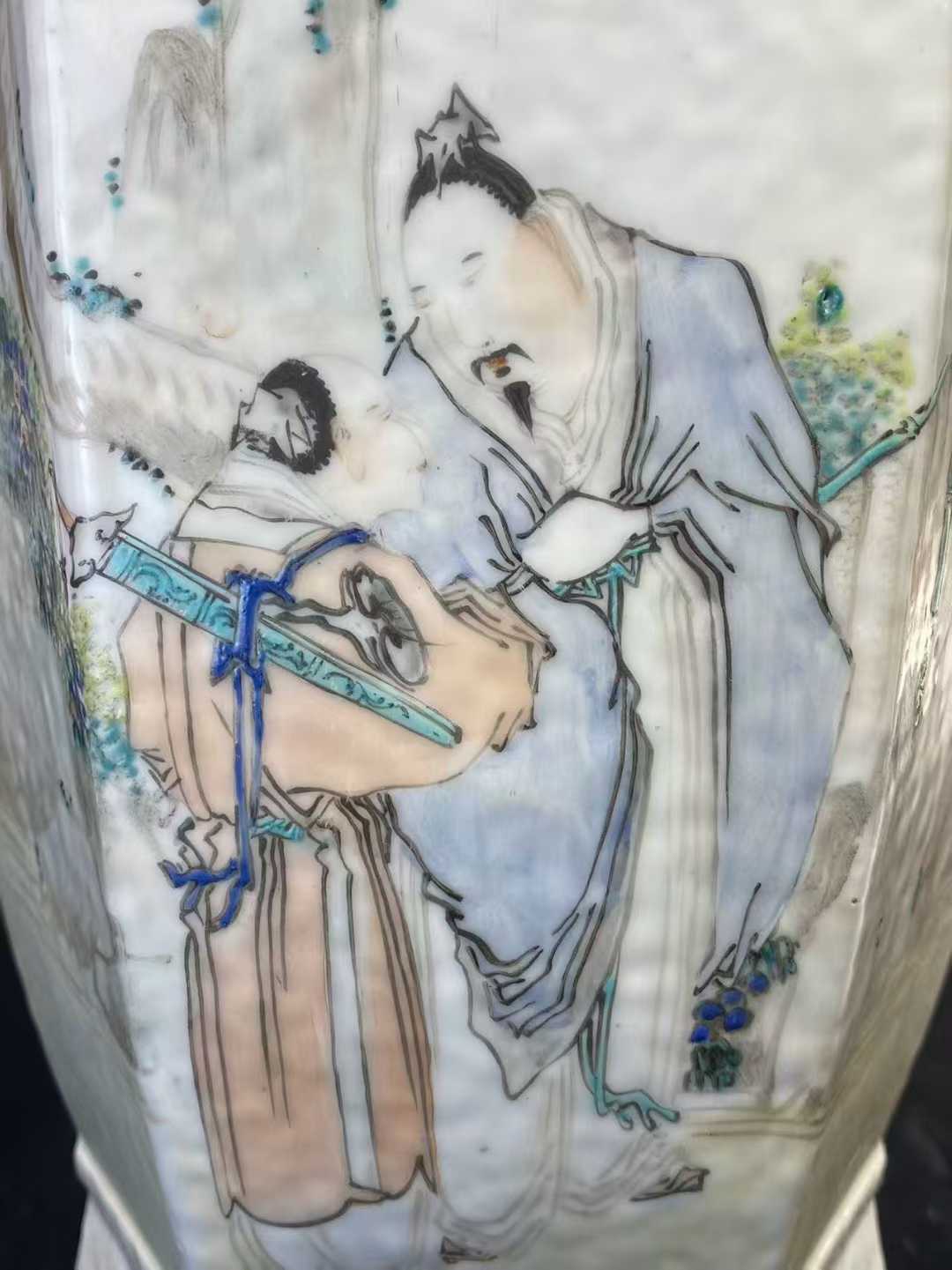 浅绛彩高士图诗文六方瓶 名家：胡添茂