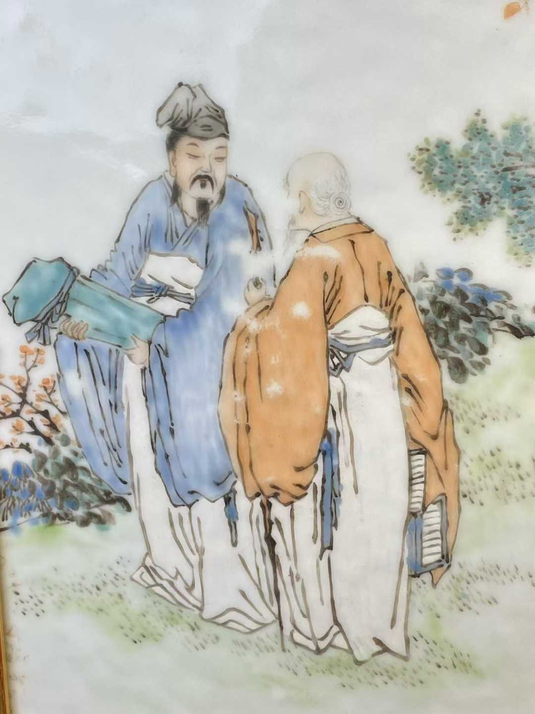 王少维 浅绛彩携琴访友诗文瓷板