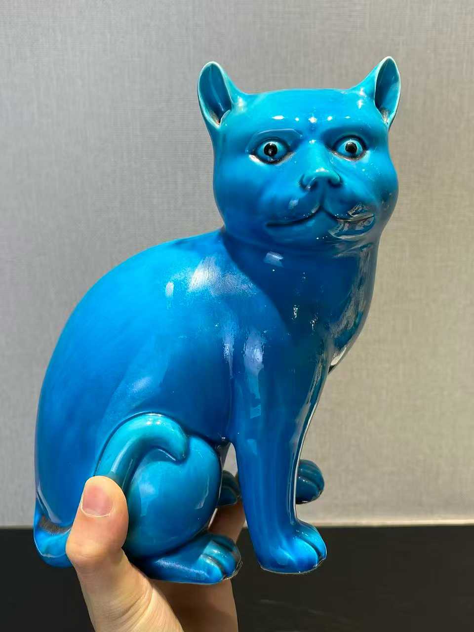 孔雀蓝釉猫一对