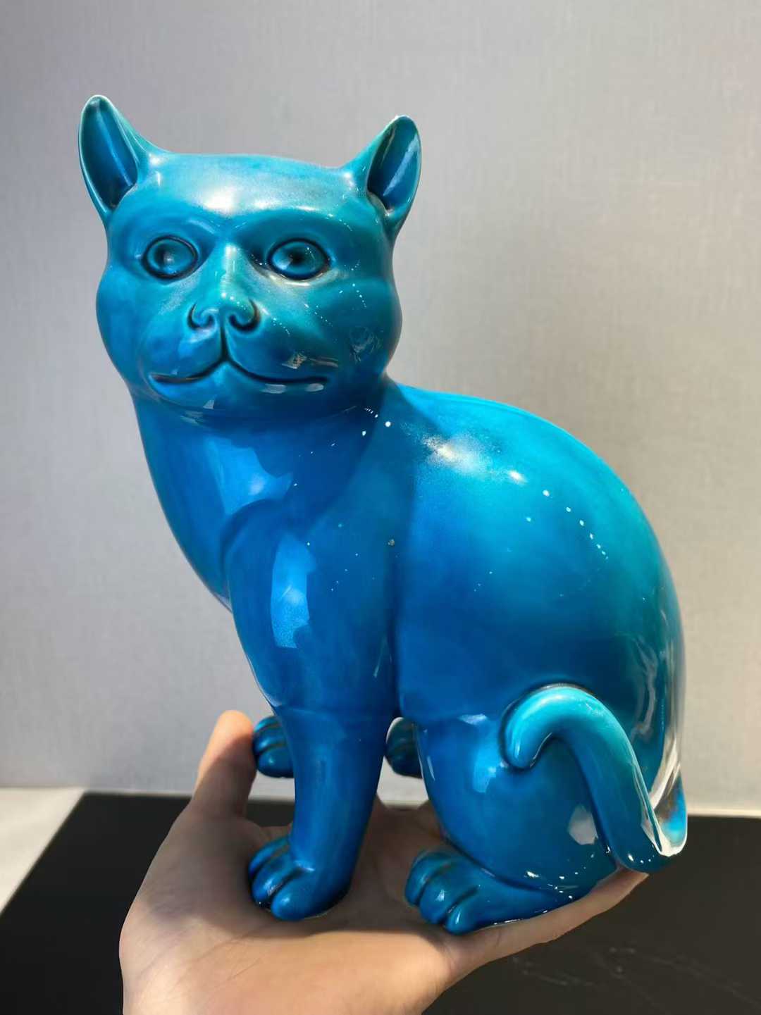 孔雀蓝釉猫一对