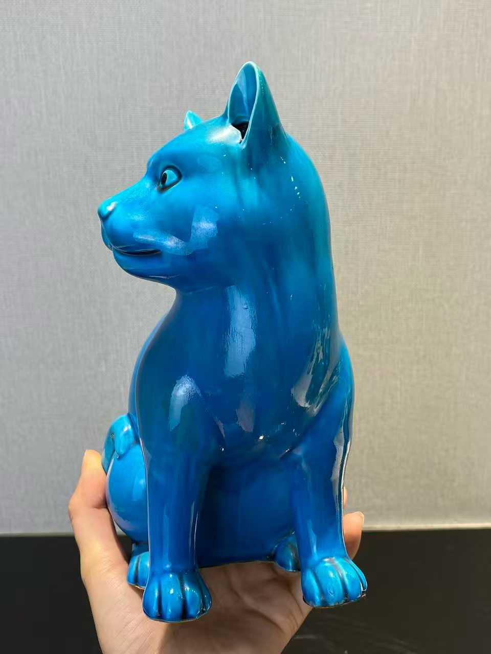 孔雀蓝釉猫一对