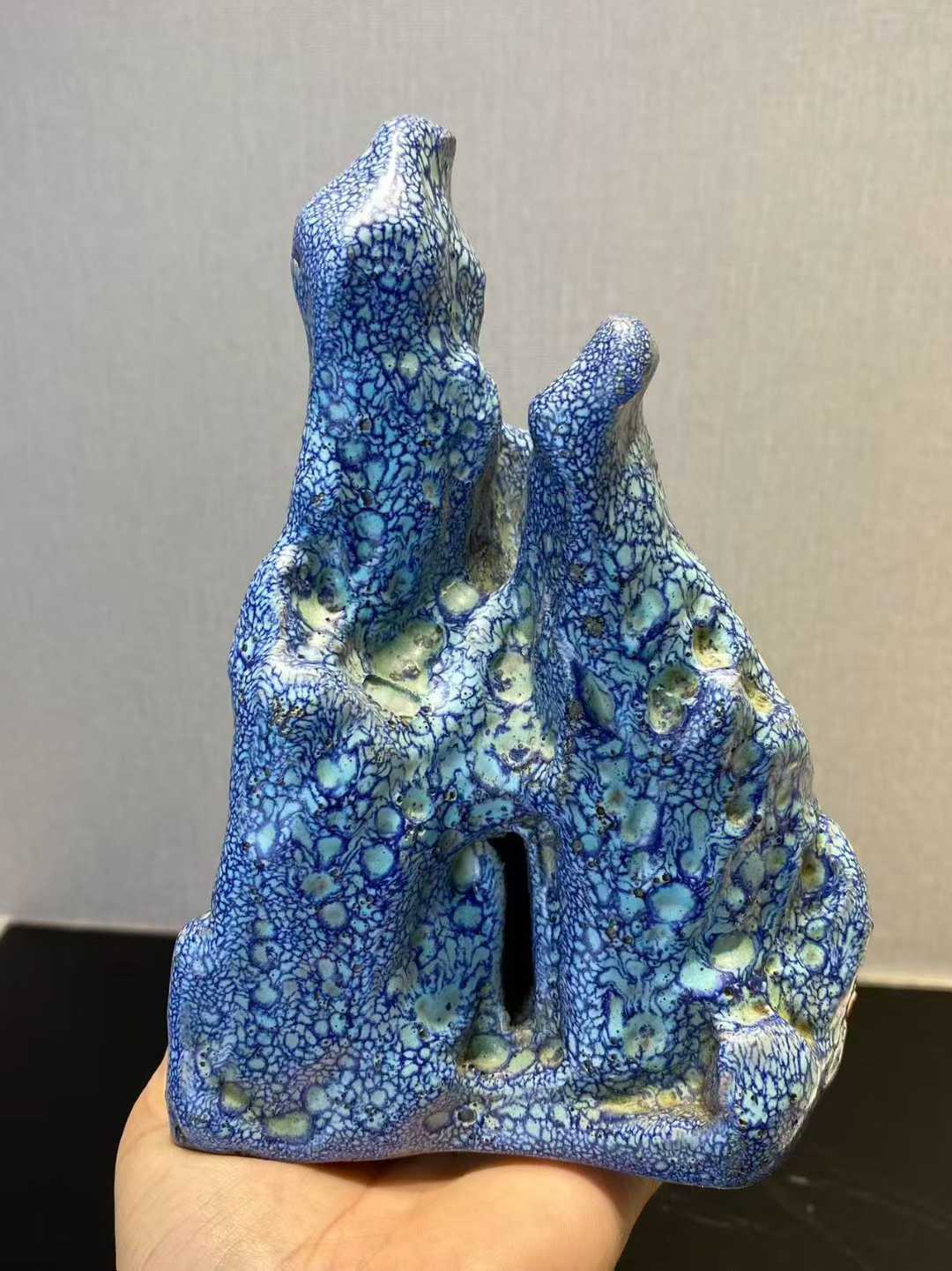 紫砂胎炉钧釉山形摆件配布座