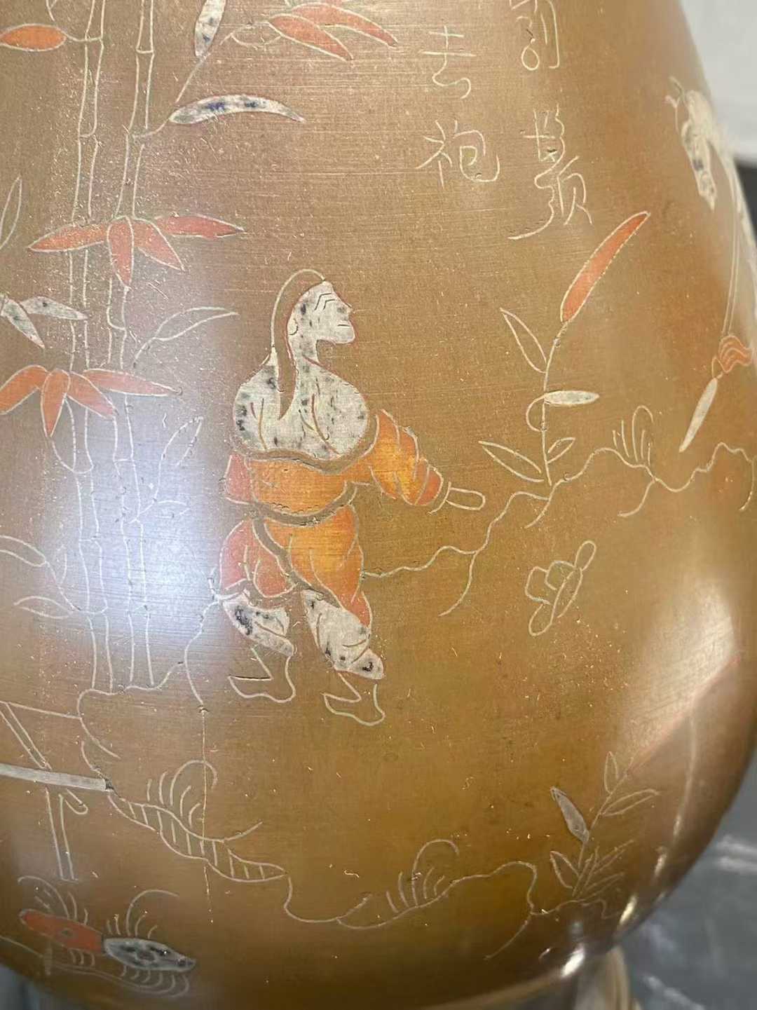 铜镶嵌红铜银丝人物故事玉壶春瓶一对