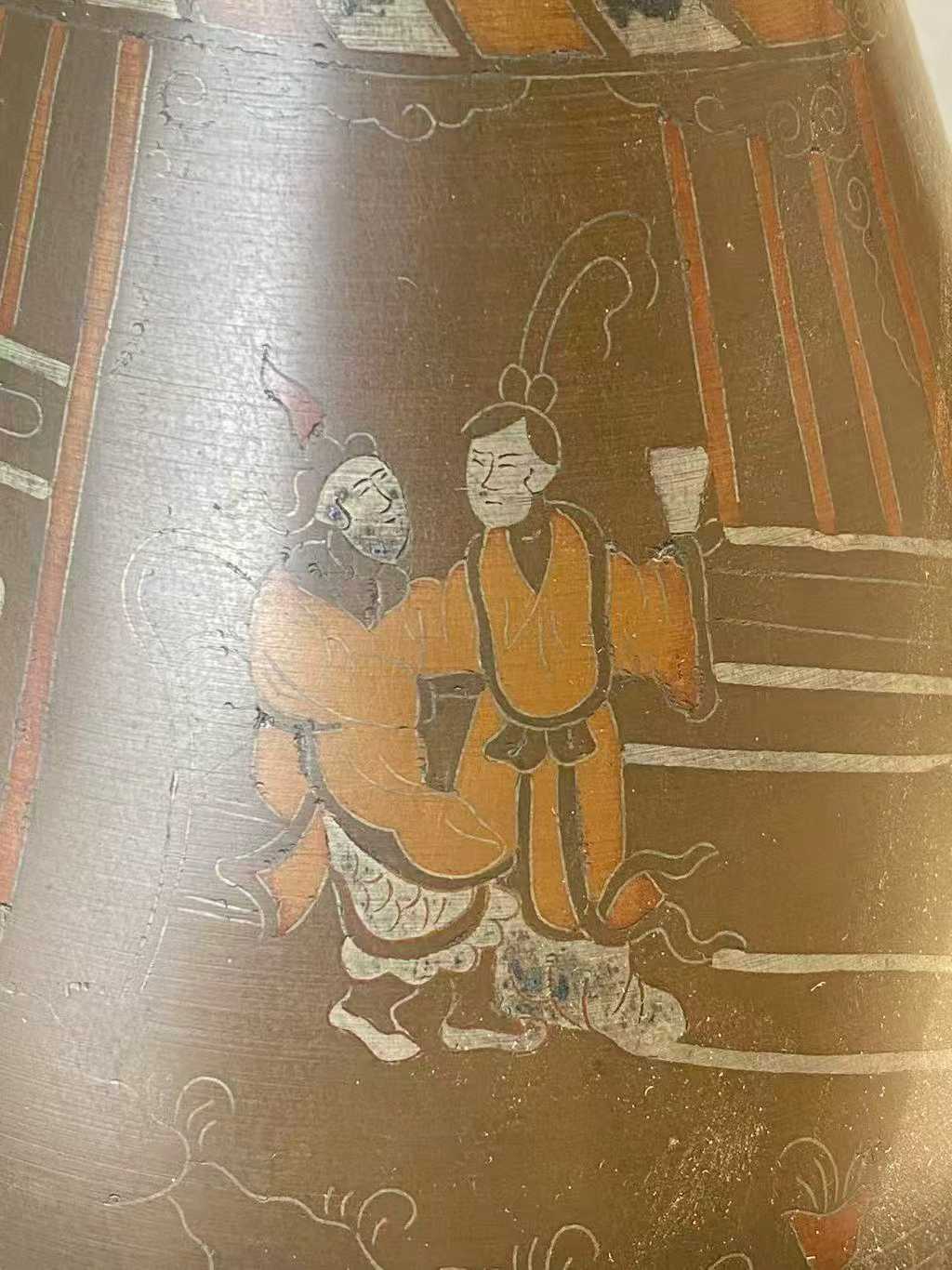 铜镶嵌红铜银丝人物故事玉壶春瓶一对