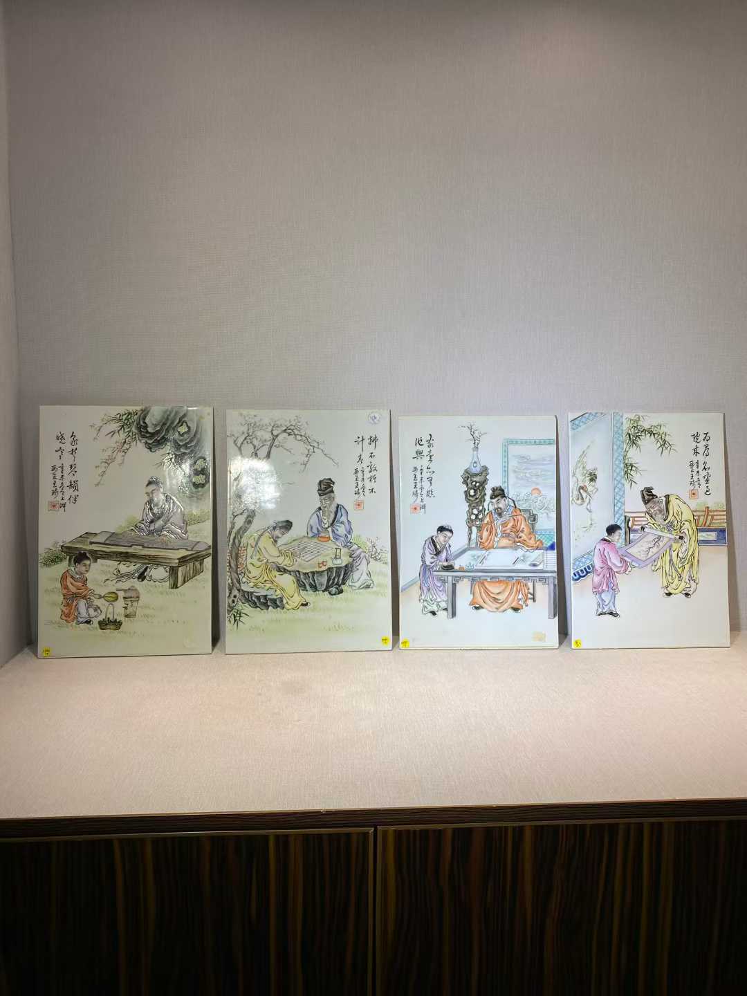 粉彩文人四雅诗文瓷板一组4块