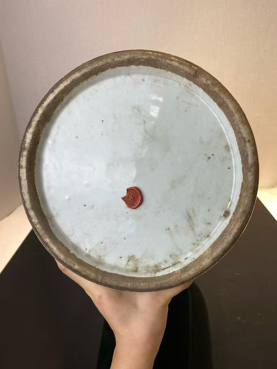 豆青地青花加白九狮图双耳大瓶