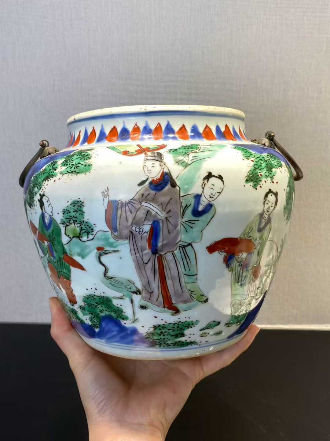 青花五彩加官进爵粥罐送盖（盖子后配）