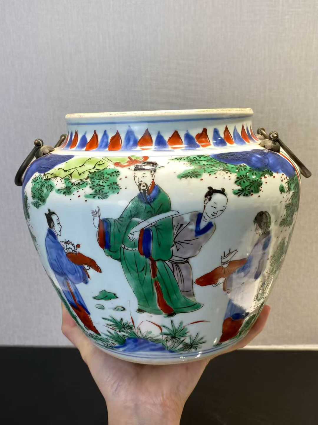 青花五彩加官进爵粥罐送盖（盖子后配）
