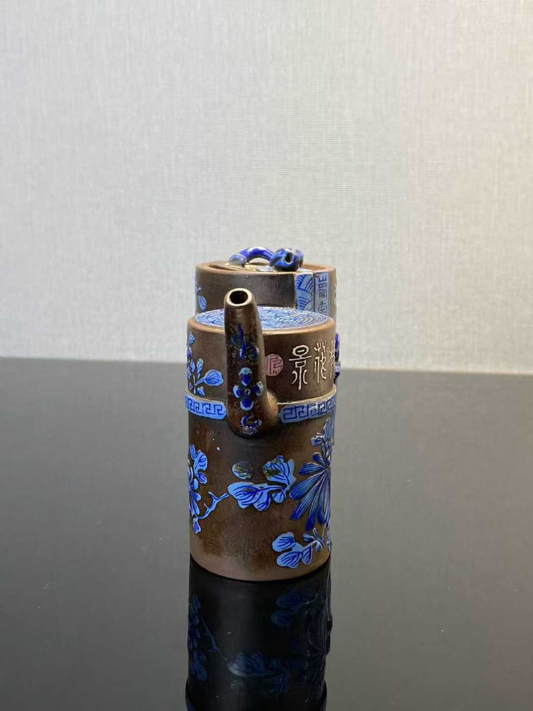 紫砂画料双联茶壶 款：景花之枝有
