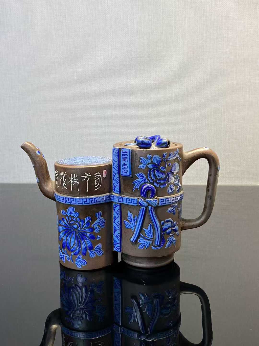 紫砂画料双联茶壶 款：景花之枝有