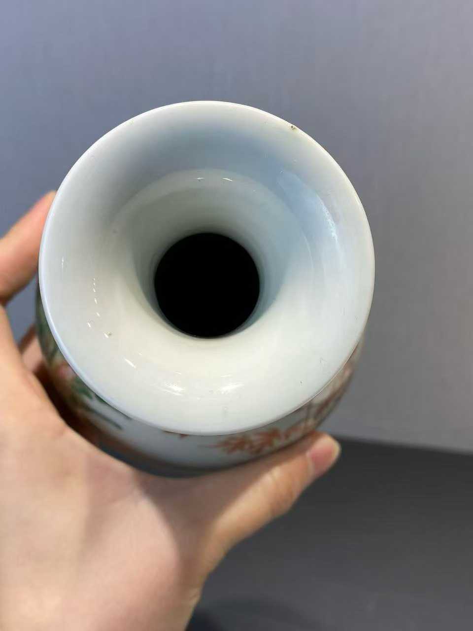 五彩竹石图玉壶春瓶 款：大明弘治年制