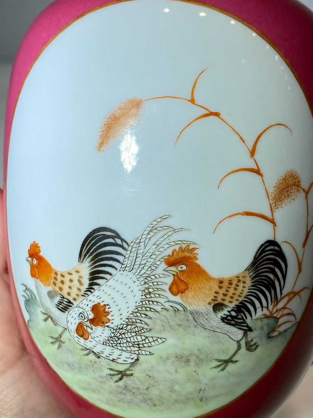 胭脂红地开窗粉彩大吉图灯笼瓶  款：乐善堂制