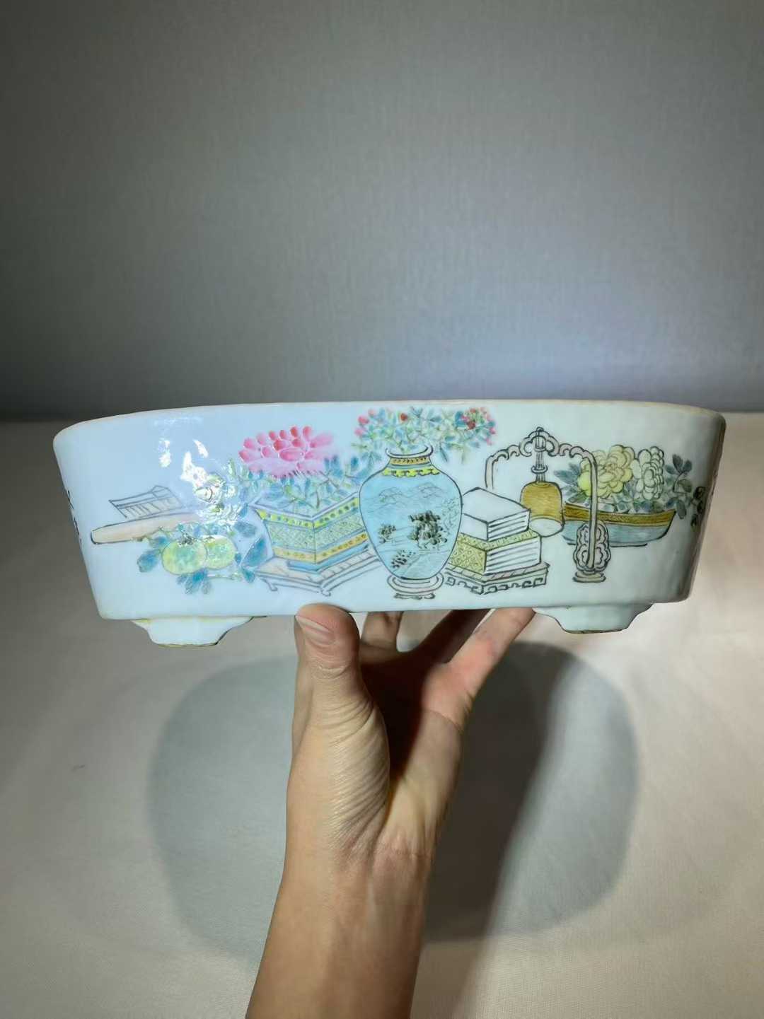 浅降彩博古诗文水仙盆