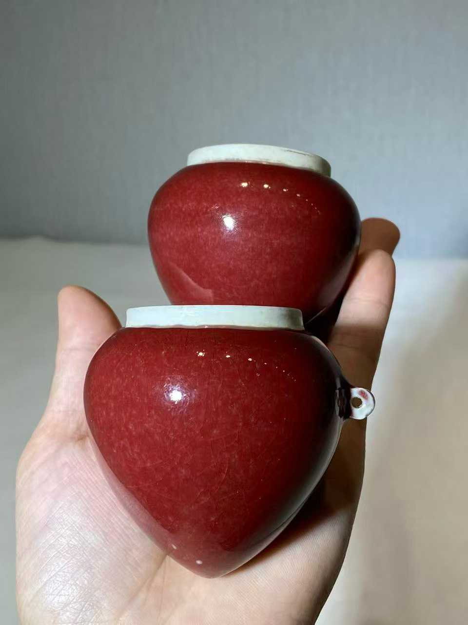 郎窑红釉鸟食罐一对