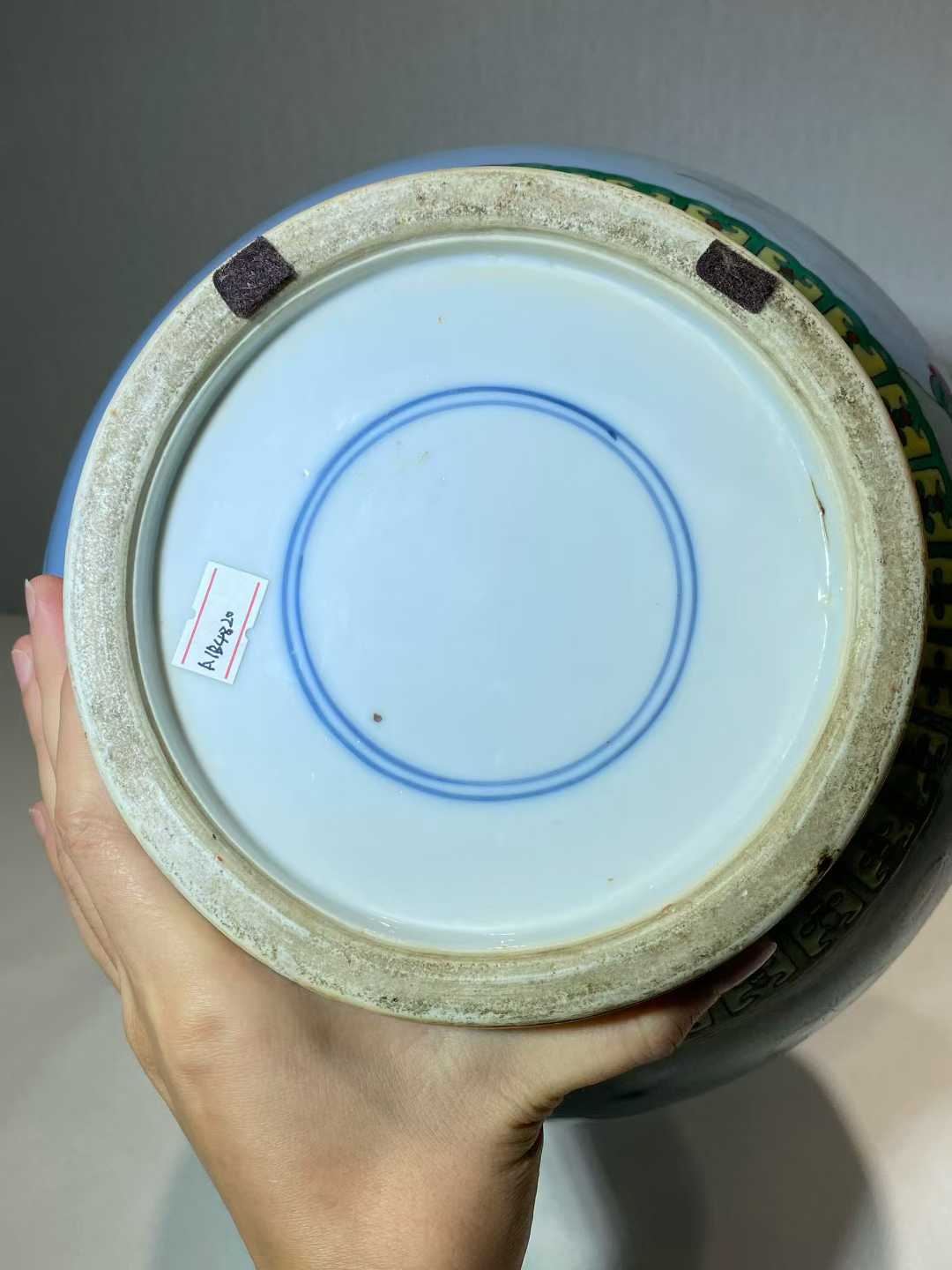 天蓝釉加粉彩荷塘鸳鸯长颈瓶