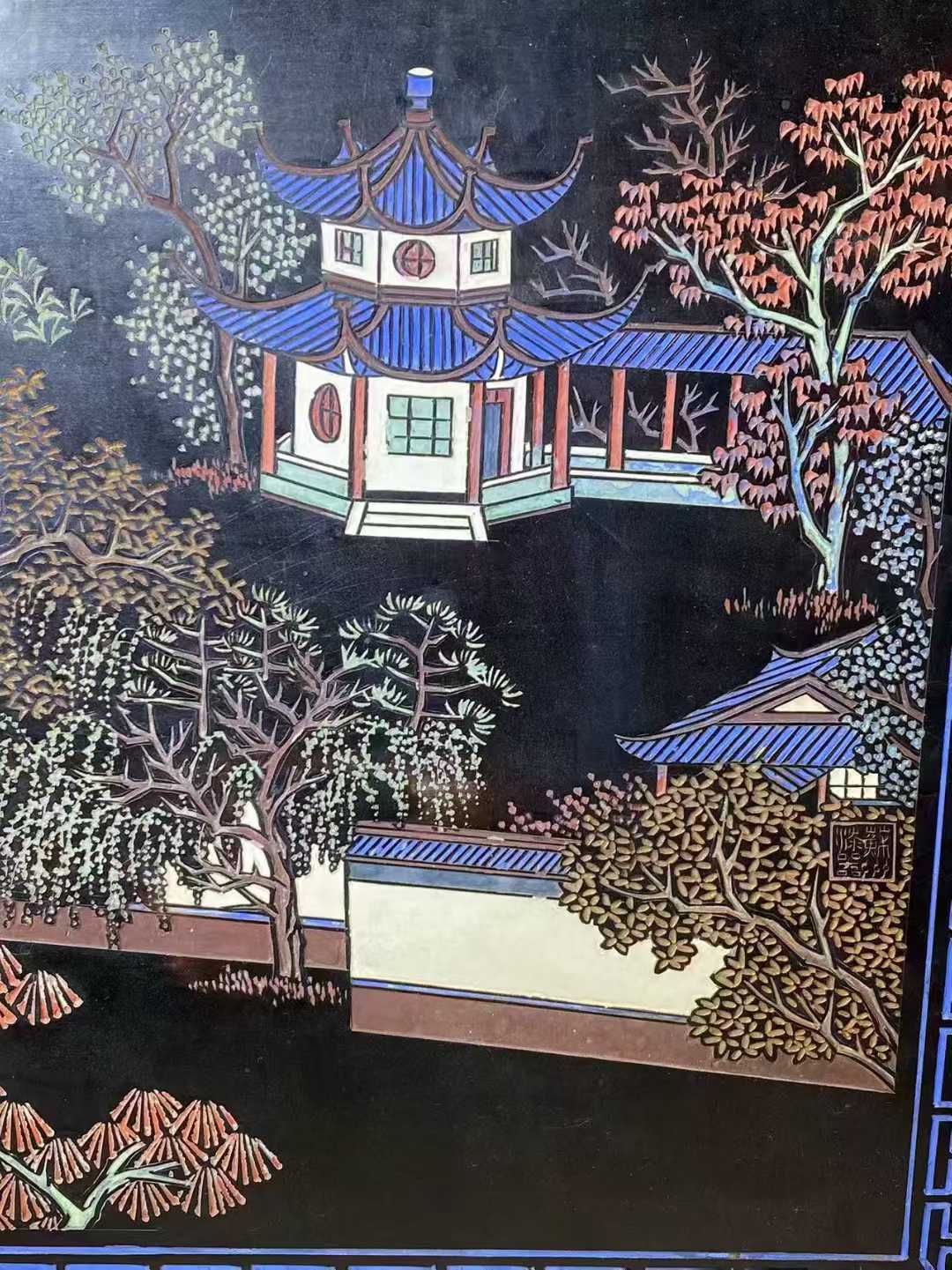 漆雕彩绘寒山寺诗文插屏
