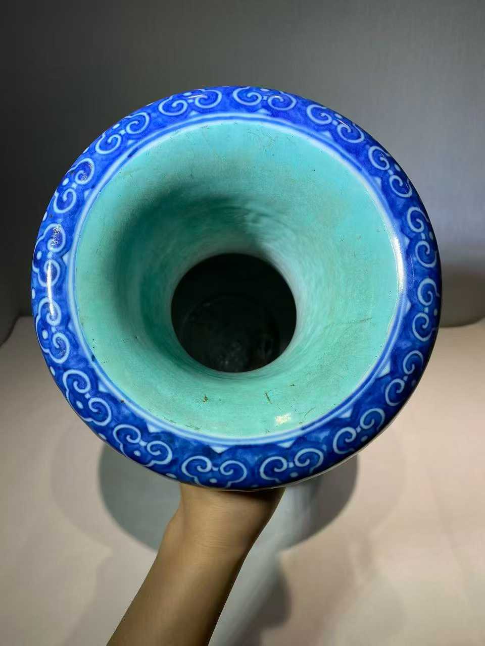 青花加粉彩宝相花寿字象耳大瓶一对  款：大清道光年制