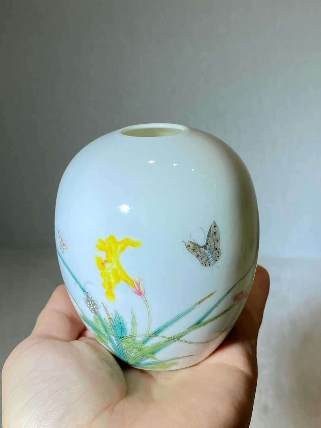 珐琅彩洞石花虫诗文蛋形水盂 款：乾隆年制