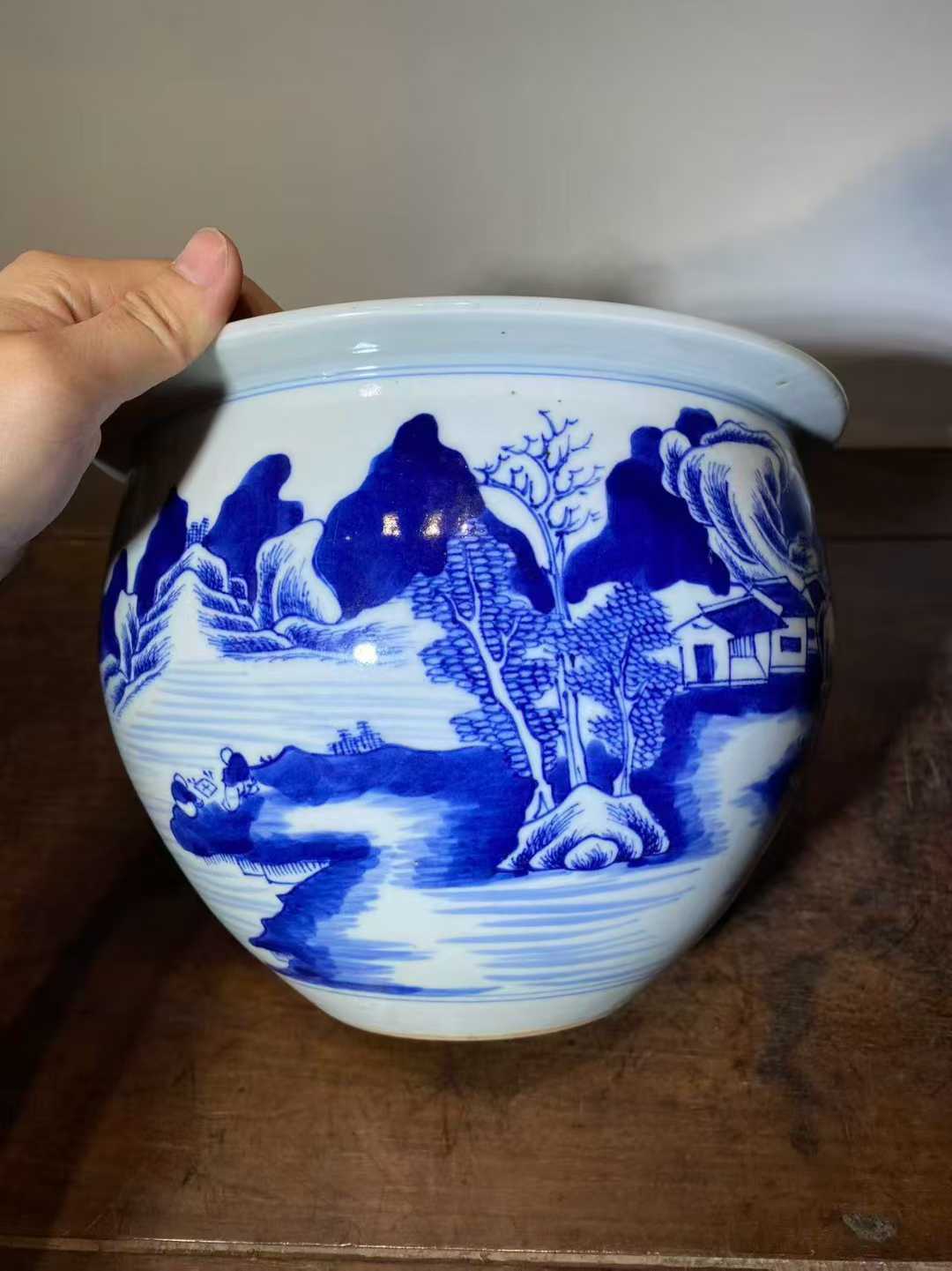 青花山水人物纹案头缸