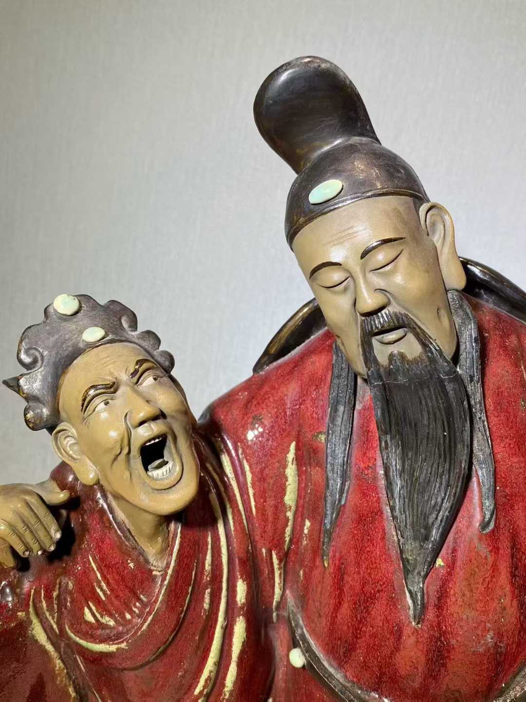 石湾窑红釉李白醉酒塑像 款：权隆制