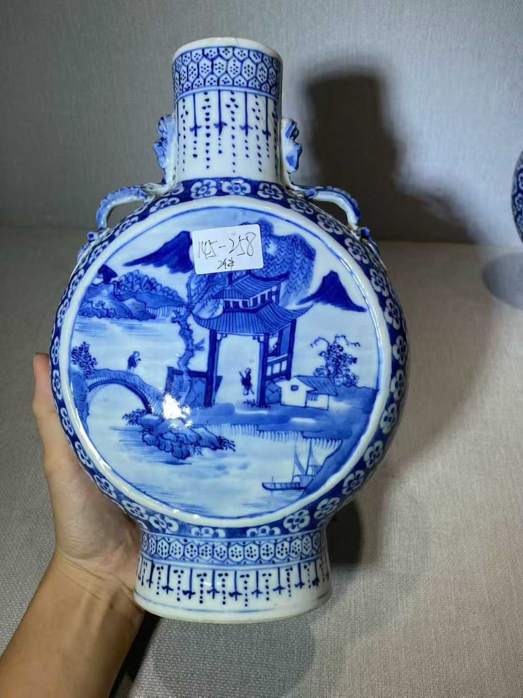 青花山水人物抱月瓶一对