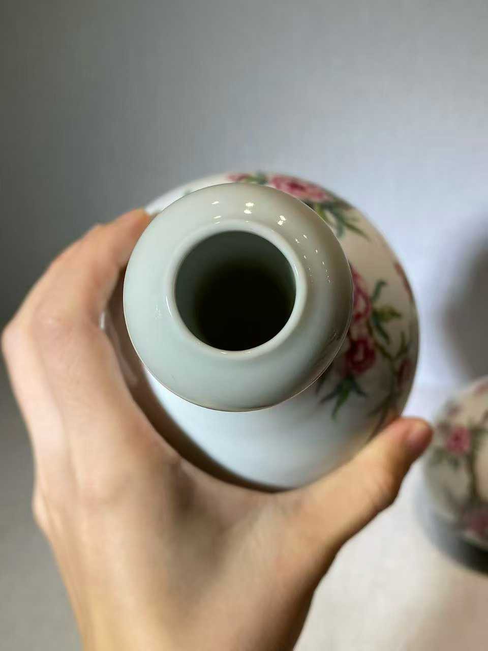 仿珐琅彩蝙蝠桃花诗文蒜头瓶一对 款：乾隆年制